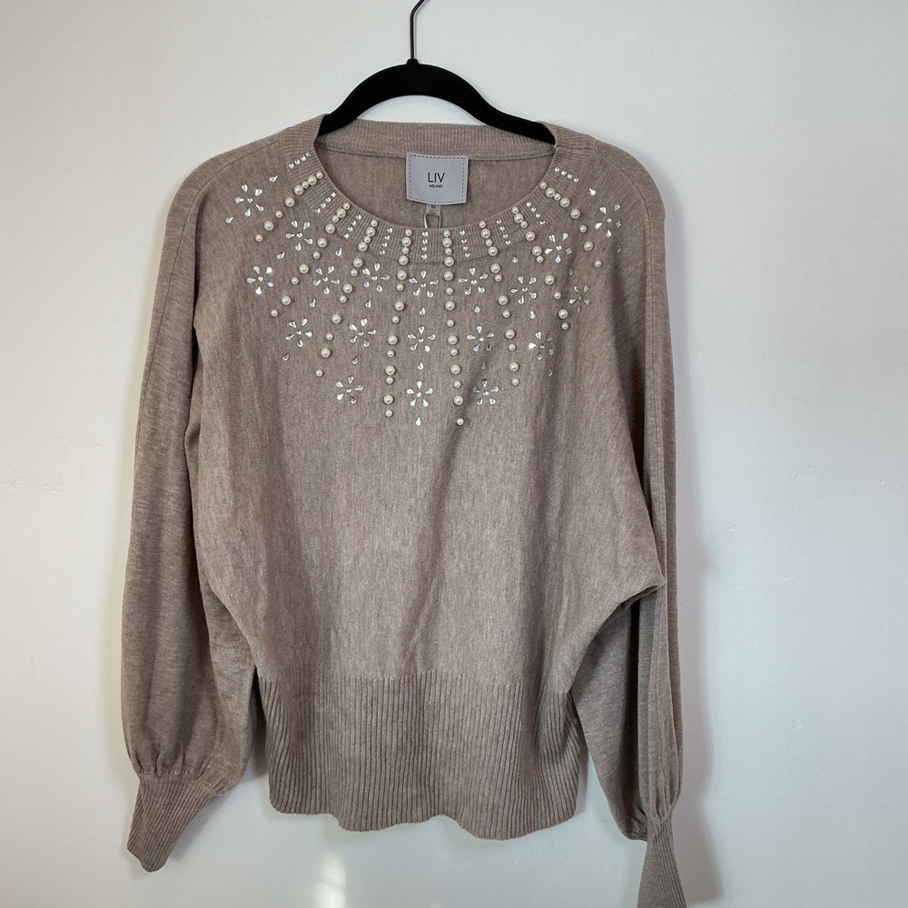LIV Milano Embellished Pearl Beaded Sweater Mocha M Crew Neck Long Sleeve‎